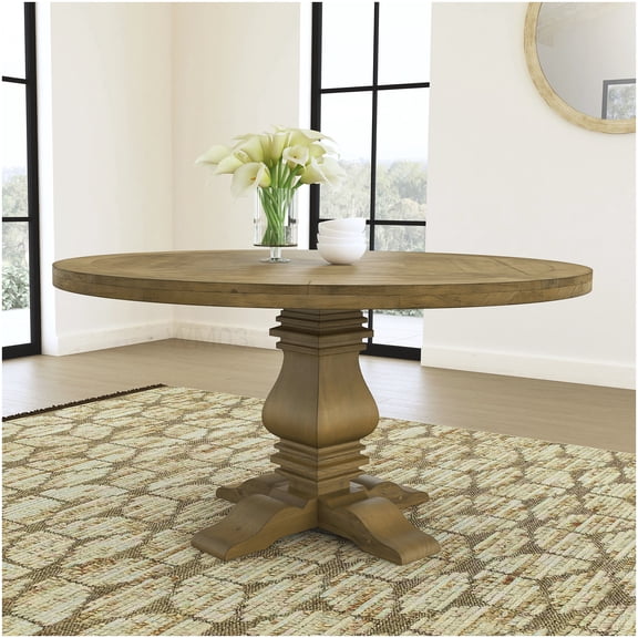 60 Inch Round Pine Wood Dining Table, Rustic Honey Finish Farmhouse Style Kitchen Table