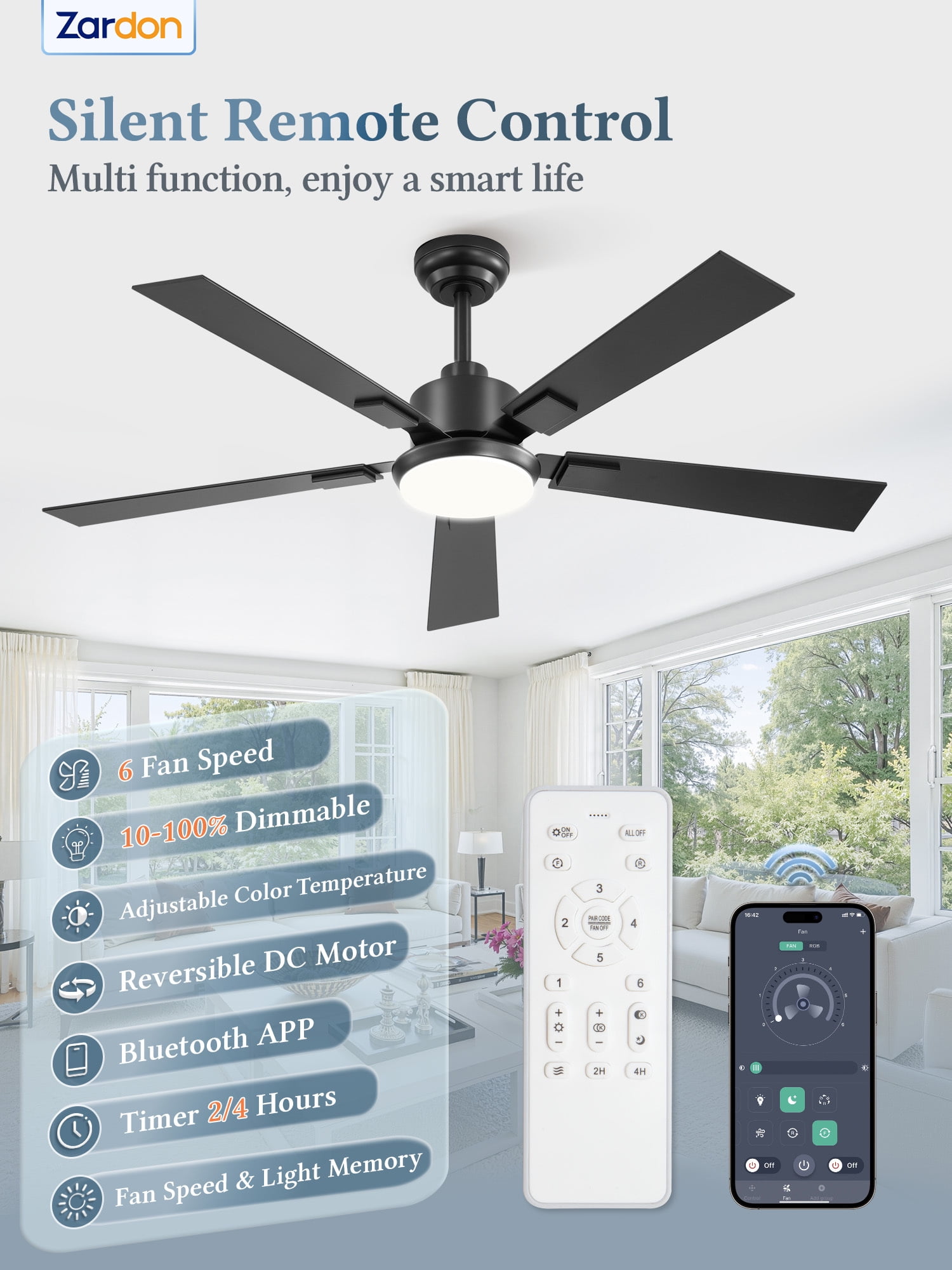 Zardon 52 Inch Modern Ceiling Fan with Light and Remote & APP Control, Adjustable Downrod Mount, 6 Speeds, Ultra Quiet DC Motor, Reversible Black/Walnut Blades