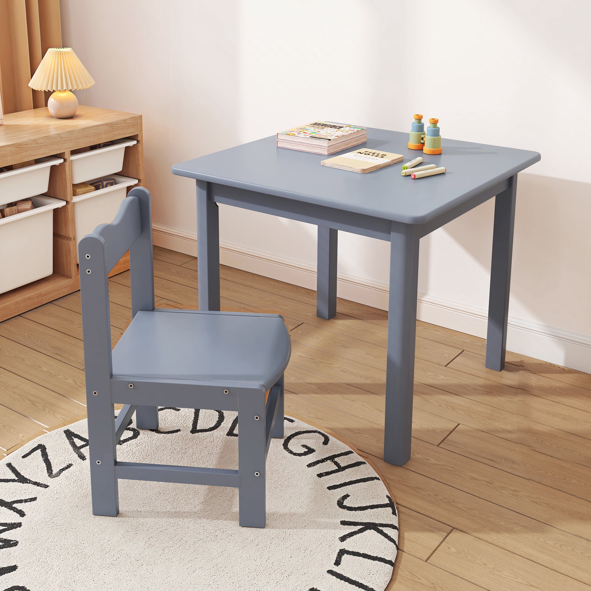 UNICOO® Wooden Kids Table and Chairs Set – 3-Piece Hard Wood Toddler Table with 2 Chairs – Playroom & Classroom Kids Desk and Chair Set for Arts, Crafts, Reading, Snacks (Gray)