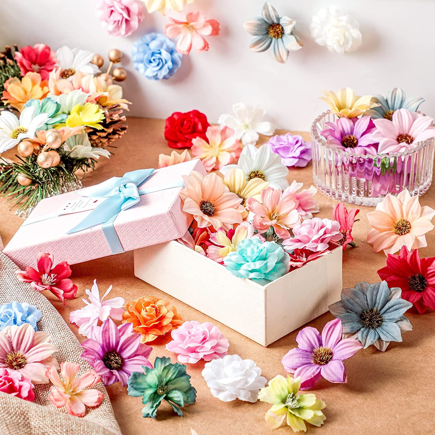 300 Pcs Faux Flower Heads Silk Artificial Plum Blossom Heads DIY Fake Mini Flowers Assorted Silk Decorative Flowers Daisy Roses Craft Supplies for Wedding Party Wreath Cake Vase Decoration (Elegant)