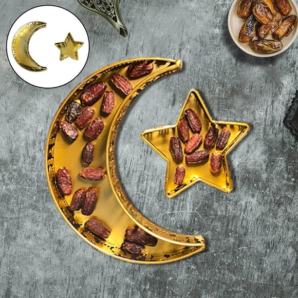 Artesanía de hierro Bandeja para servir Ramadán Eid Mubarak Bandeja servir Estrels Organizador Pastel Fruta Pastel dorado Macarena Bandeja de servir