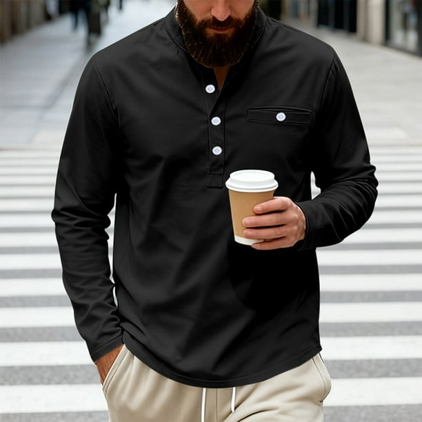pstuiky camisa de manga larga para hombre, Camisa informal de sarga de color liso con cuello alto y bolsillos abotonados para hombre top de hombre l