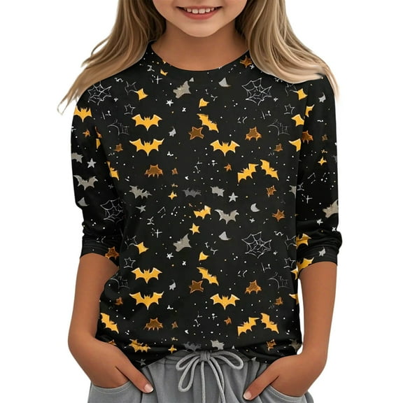 Abcomgle Girls Halloween T-Shirt Spooky Bat Graphic Shirts for Kids Crewneck 3/4 Sleeve Tshirts for Kids Fall Funny Scary Tee Top Girls,5-6 Years
