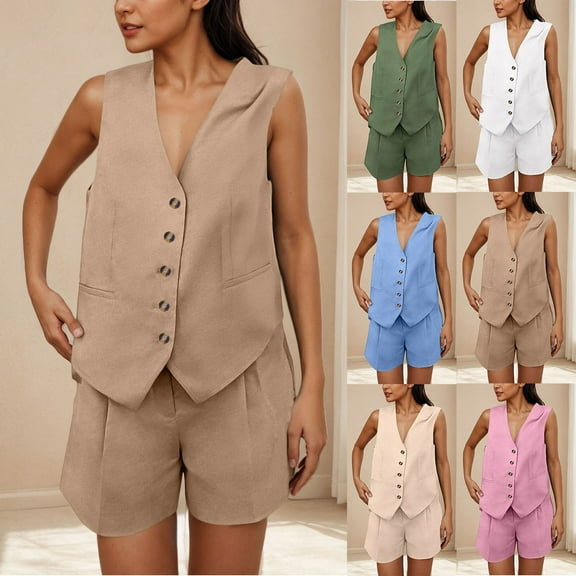 QATAINLAV Linen Sets for Women Sleeveless Button Down V Neck Vest Waistcoat and Shorts 2 Piece Outfits Business Casual Dressy Clothes, Army Green, S, Gifts for Girls