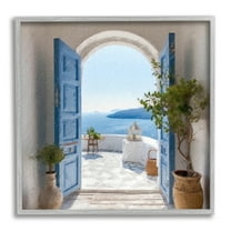 Stupell Industries Blue Greek Door Scenery Nature Photography Gray Framed Art Print Wall Art, 12 x 12