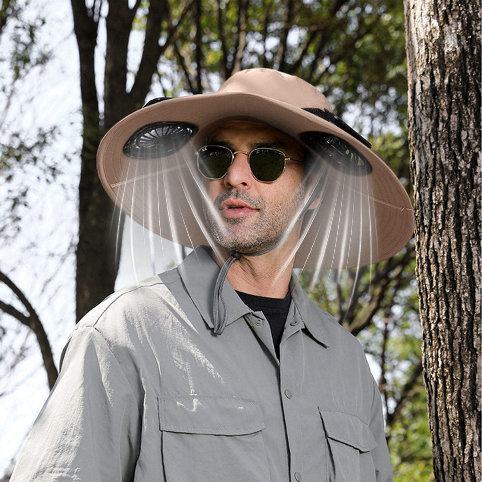 Hat With Fans Solar Power,Wide Brim Solar Fan Hat,Fishing Hat with Solar Fan,Solar Fan Hat Upf51+,Fan Hat with Fan Built in,USB Rechargeable(Khaki Gift:White Ice Sleeve 20in)from ANMUYUM