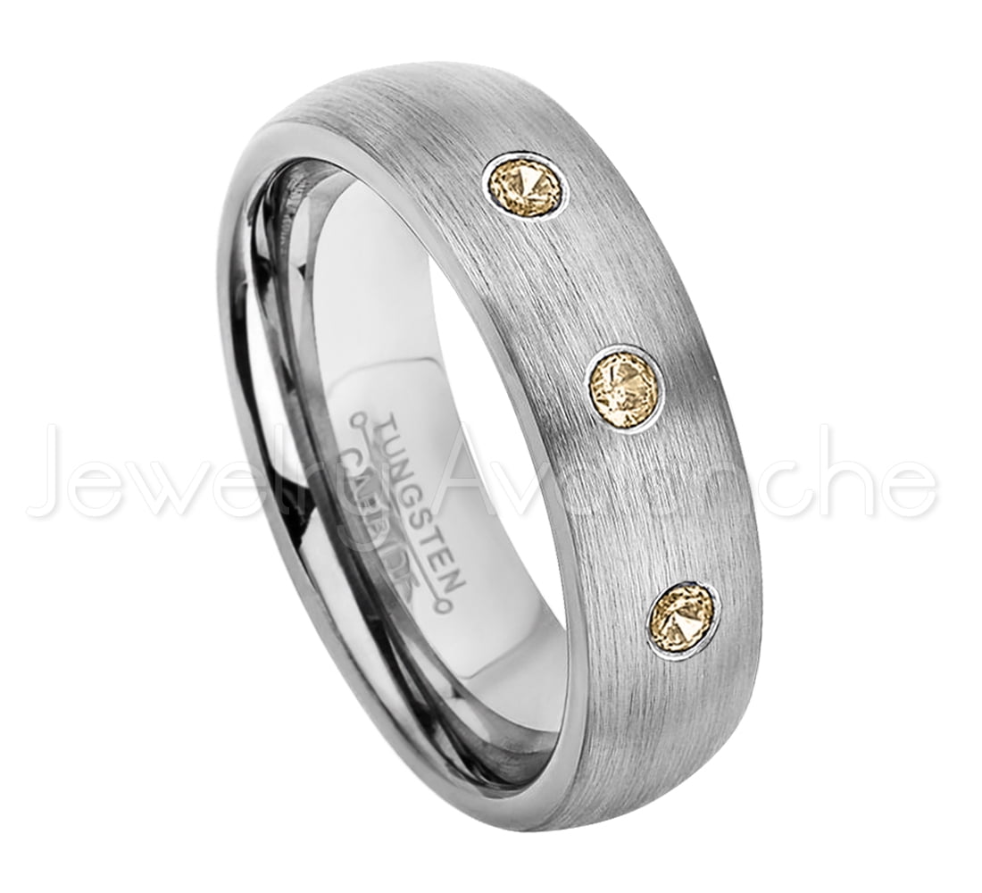 November Birthstone Ring 0.21ctw Smokey Quartz 3-Stone Ring 9mm Brushed Tungsten Wedding Band