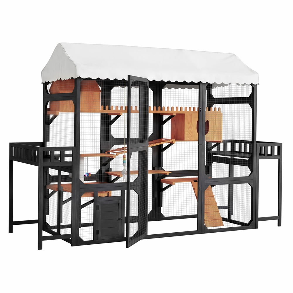 108" Large Outdoor Cat Enclosure Wooden Catio, Multi-Level Cat Playpen with Weather-Resistant Roof, Resting Box, Climbing Ramps &  2 Plant Stands for Backyard Patio, Black