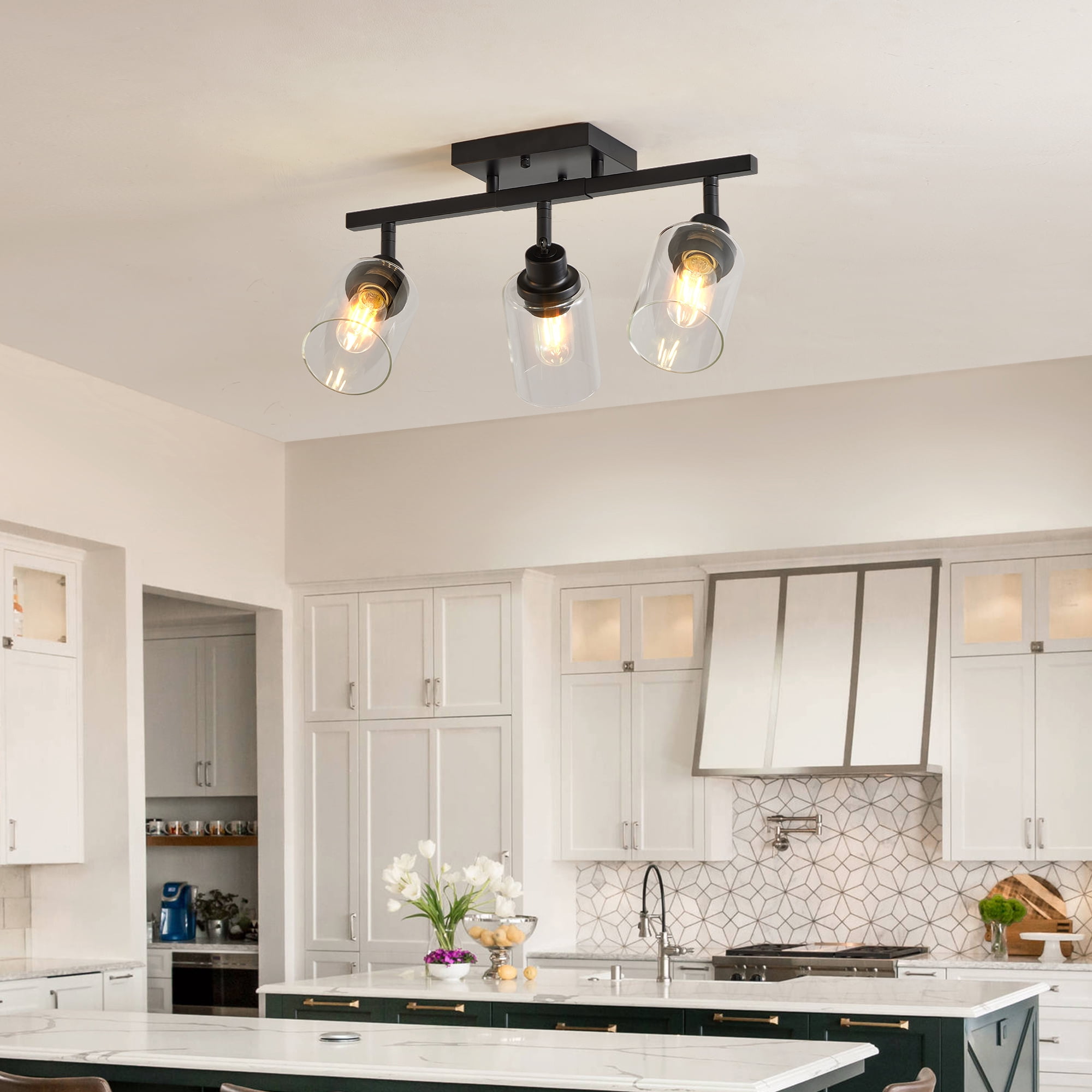 3-Light Semi Flush Mount Ceiling Light, Adjustable Black Track Lighting with Clear Glass Shades for Kitchen Hallway Foyer Bedroom (Bulbs Not Included)