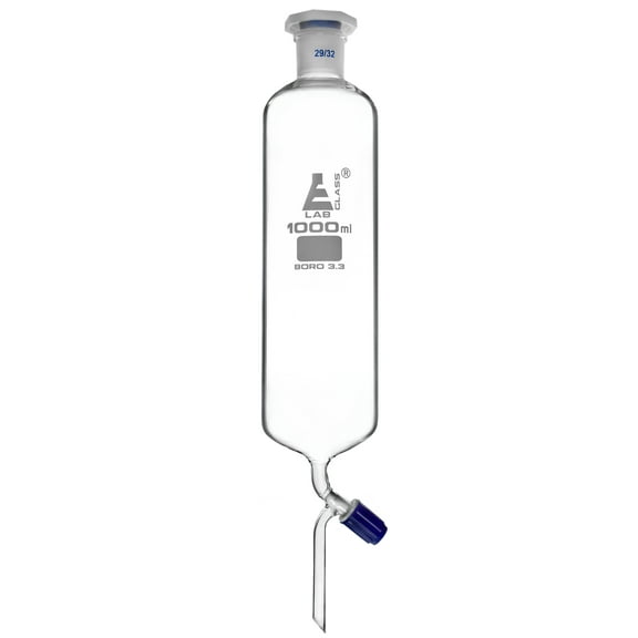 Dropping Funnel, 1000ml, Cylindrical - Socket Size 29/32 - Includes Interchangeable Plastic Stopper - Screw Type Rotaflow Stopcock - Borosilicate Glass - Eisco Labs