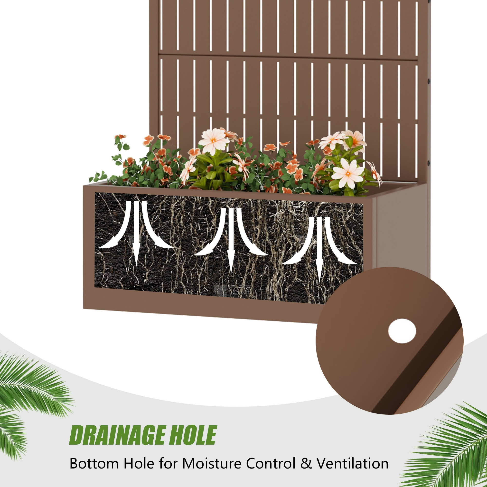MAYEERTY 59X30" Metal Outdoor Brown Privacy Screen with Planter Box for Backyard & Garden, 4 Piece Set