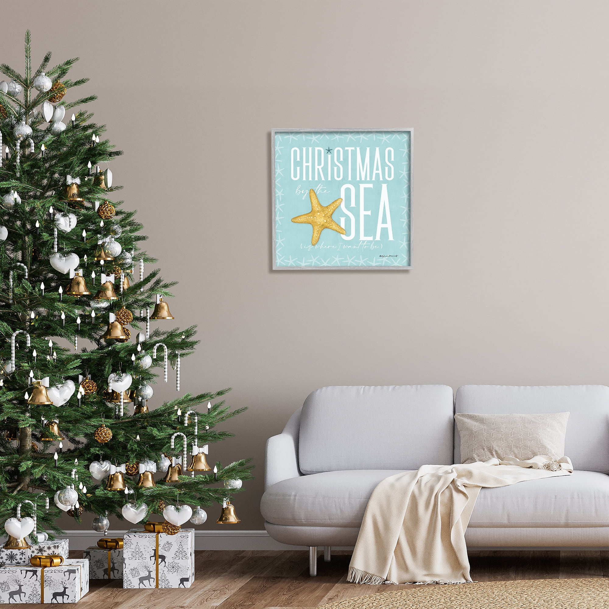 Stupell Industries Christmas By The Sea Turquoise Holiday Painting Gray Framed Art Print Wall Art