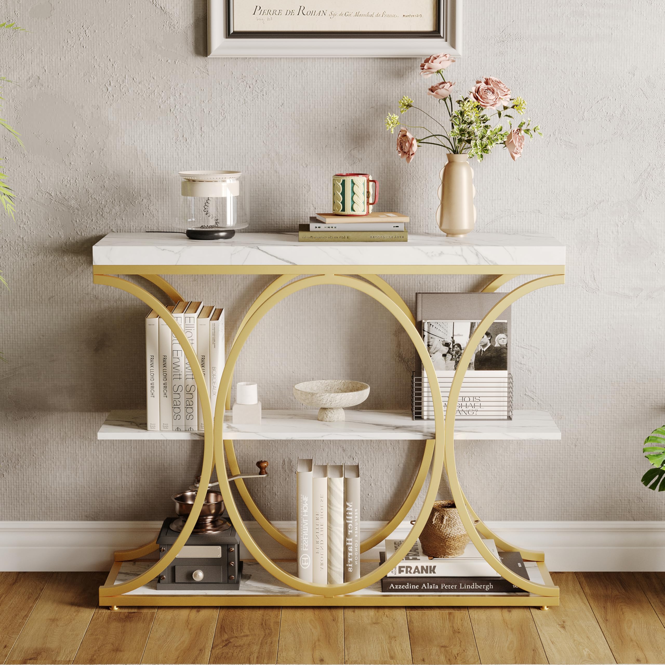 Huisuilinss Console Table,39" Narrow Entryway Table,Industrial 3-Tier Sofa Table With Round Metal Base And Storage Shelves,Wood Behind Couch Table For Living Room Hallway Foyer