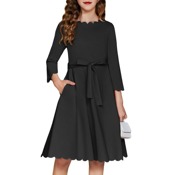 Arshiner Girls Black Dress Casual 3/4 Sleeve Scalloped Edge A-line Belted Dress with Pockets（Black，12-13Years）