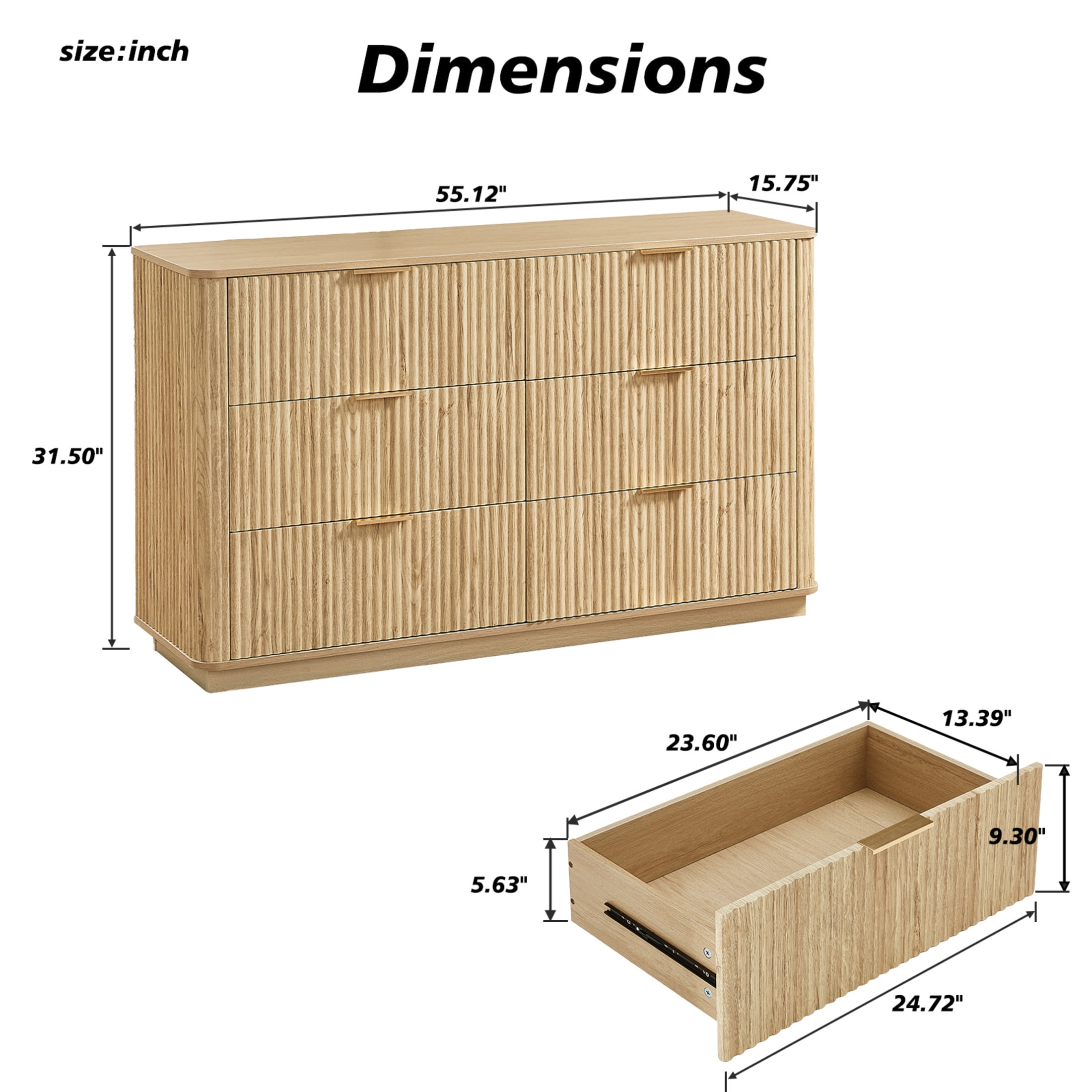 Noble House Relic 55" 6-Drawer Dresser, Modern Hallway Chest of Drawers with Curved Wave Panels and TV Stand, Oak