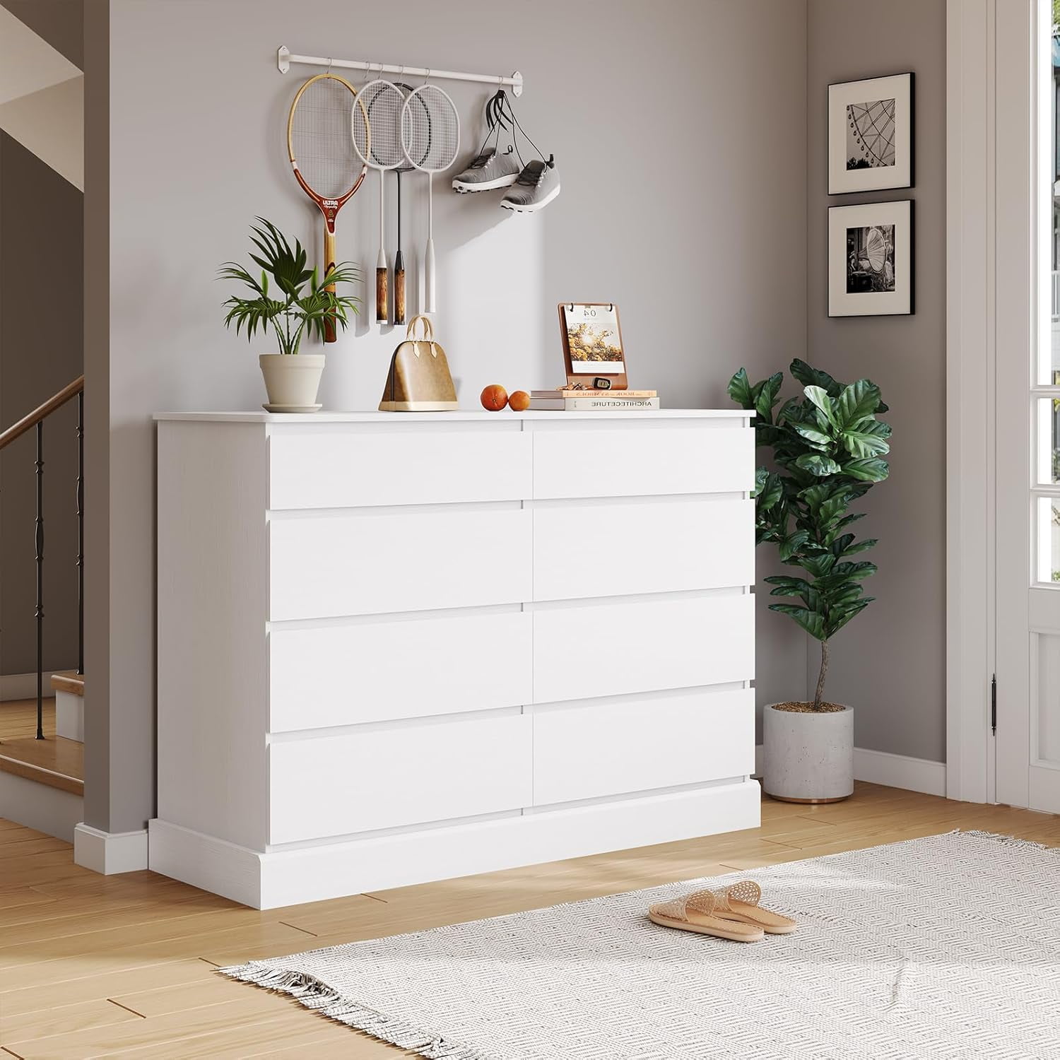 White Dresser with 8 Drawers for Bedroom Wide Chest of Drawers for Living Room, Large Capacity Clothing Storage Cabinet, 51.5''W Wooden Dresser for Entryway