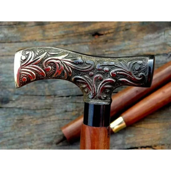 Antique Vintage Victorian Style Designer Brass Handle Wooden Walking Stick Cane