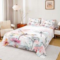 Manfei Colorful Flower Floral Twin Sheet Sets,Wild Rustic Dragonfly Twin Fitted Sheet,Pink White Orange Flat Sheet For Teens,Super Cozy Room Decor,3 Pieces