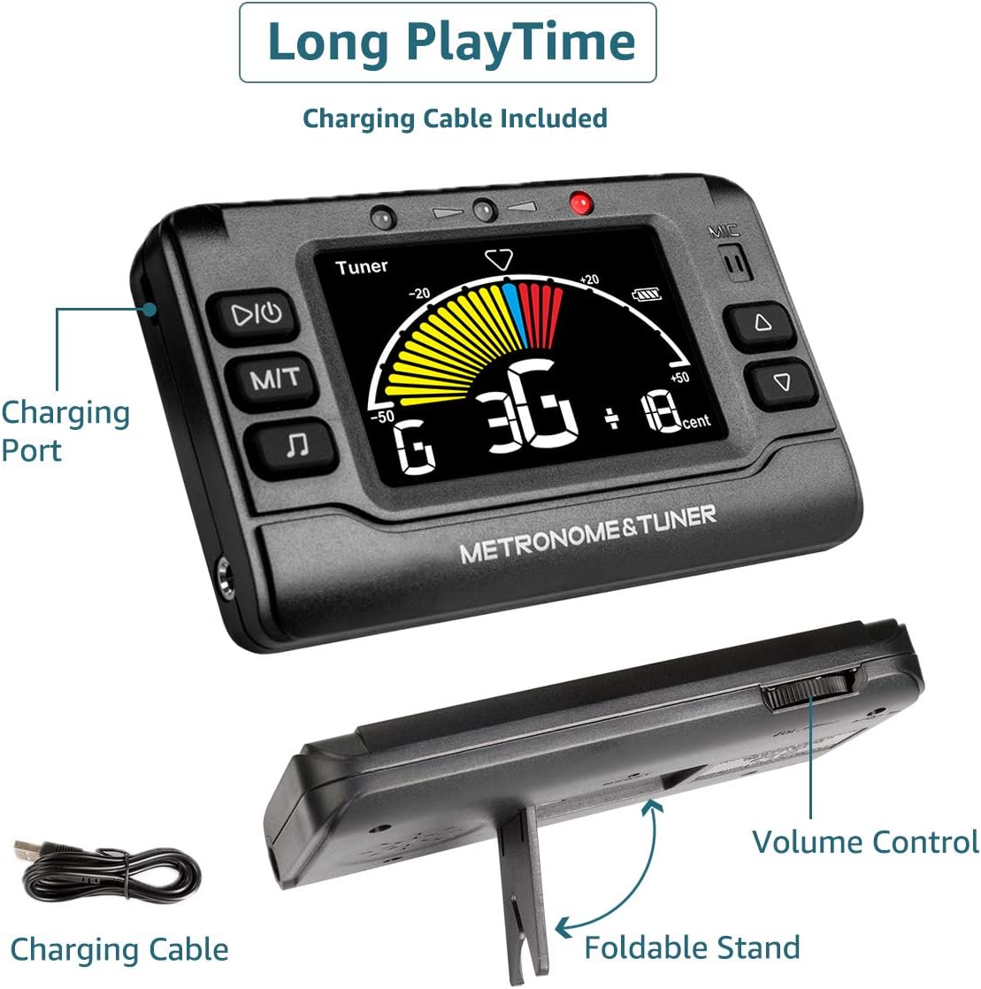Metronome Tuner, Rechargeable 3 In 1 Digital Metronome Tuner Tone Generator for Guitar, Bass, Violin, Ukulele and Chromatic,Clarinet, Trumpet, Flute, Tuners for All Instruments