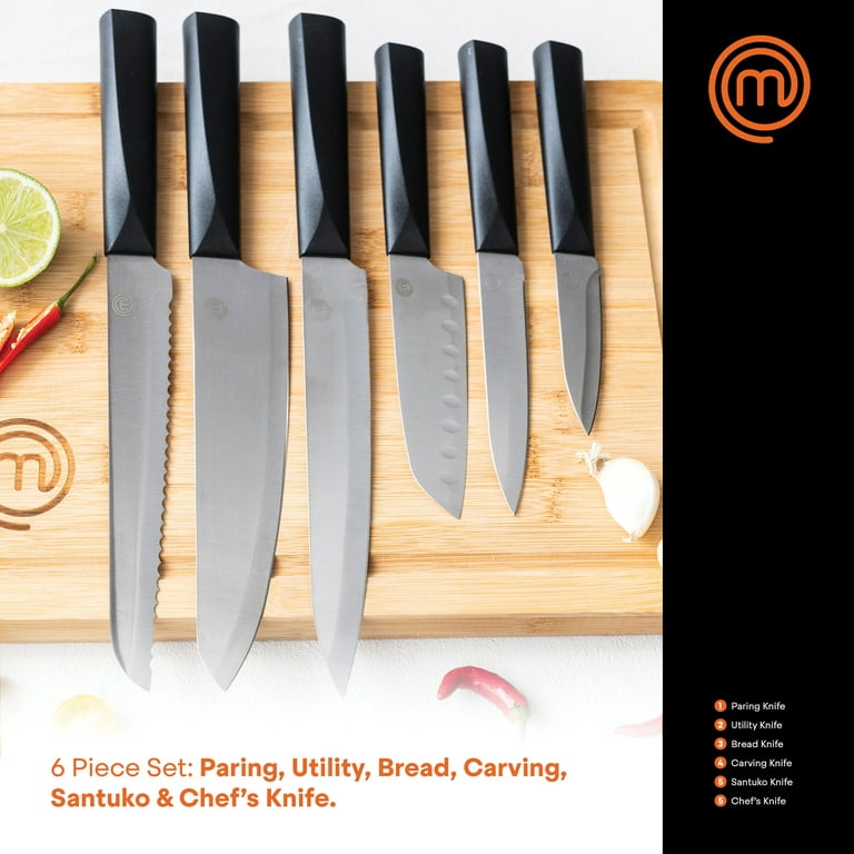 MasterChef Kitchen Knife Set with Covers incl. Paring, Boning, Carving,  Bread, Santoku & Chef Knife, Sharp Cutting Stainless Steel Blades with