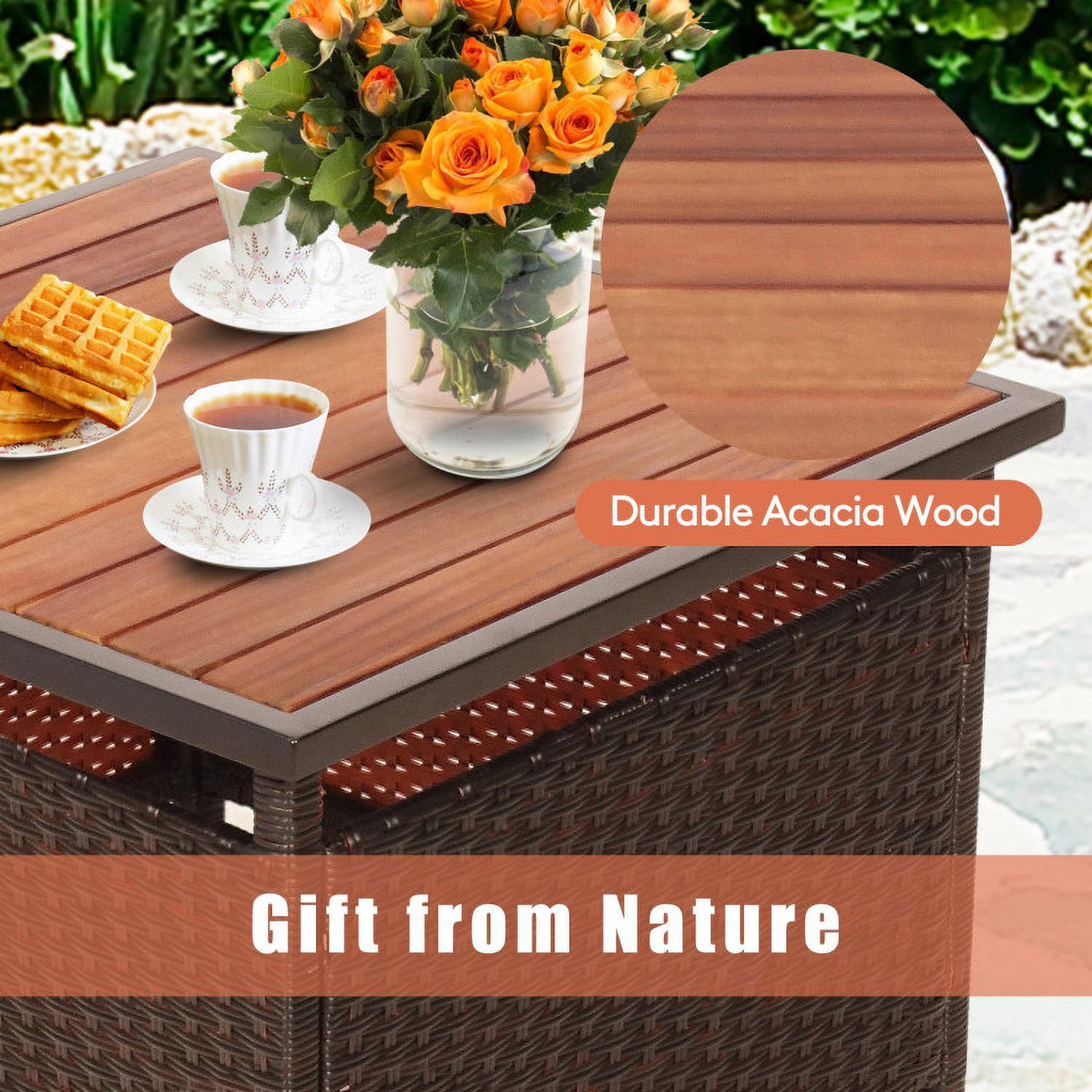 Aimee Lii 3 Pieces Patio Rattan Bistro Set with Wood Side Table and Stackable Chair, Outdoor Patio Furniture