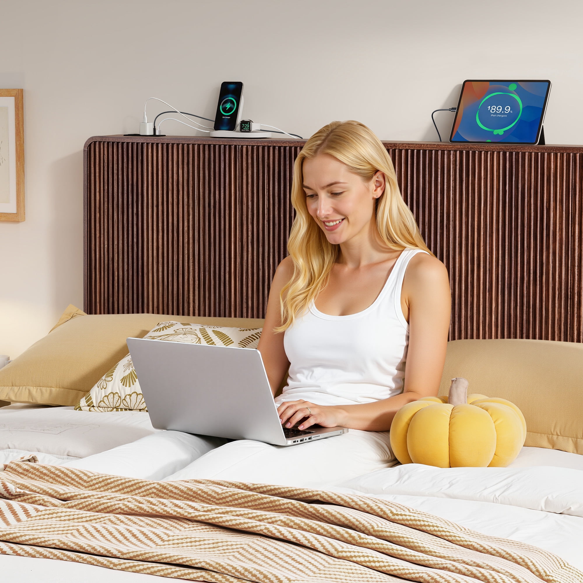 YOCWO Headboard for Queen Size Bed with Charging Station, Fluted Grooved Panel Head Board with Rounded Corners, Walnut, Headboard Only(Bed Frame Not Included)