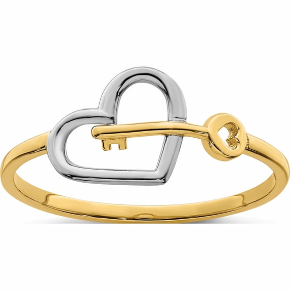 14K Yellow & Rhodium With Heart And Key Ring (Size 7) Made In Turkey -Jewelry By Sweet Pea