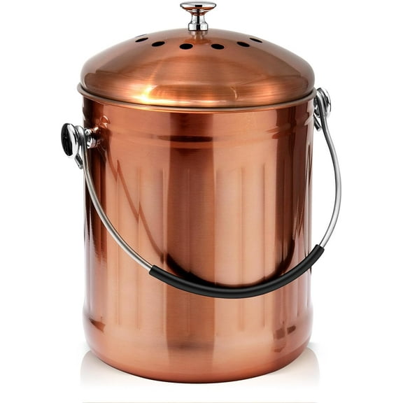 Compost Bin for Kitchen Countertop, 1.3 Gallon Matte Copper Stainless Steel Compost Bucket with Lid, Odorless Food Waste Bucket with 2 Charcoal Filters, Indoor Compost Pail with SOFT-GRIP Handle