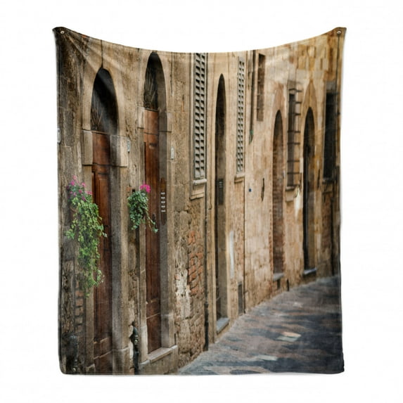 Landscape Soft Flannel Fleece Blanket, Street Wine Old House in Italy Tuscany Street Floral Details Blurred Background, Cozy Plush for Indoor and Outdoor Use, 70" x 90", Multicolor, by Ambesonne