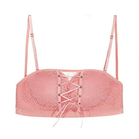 

Strapless Lace Drawstring Bandeau Suitable For Wedding Party Fall-off-proof For Daliy Push Up Sponge Bra With Detachable Strap Pink 40/90c