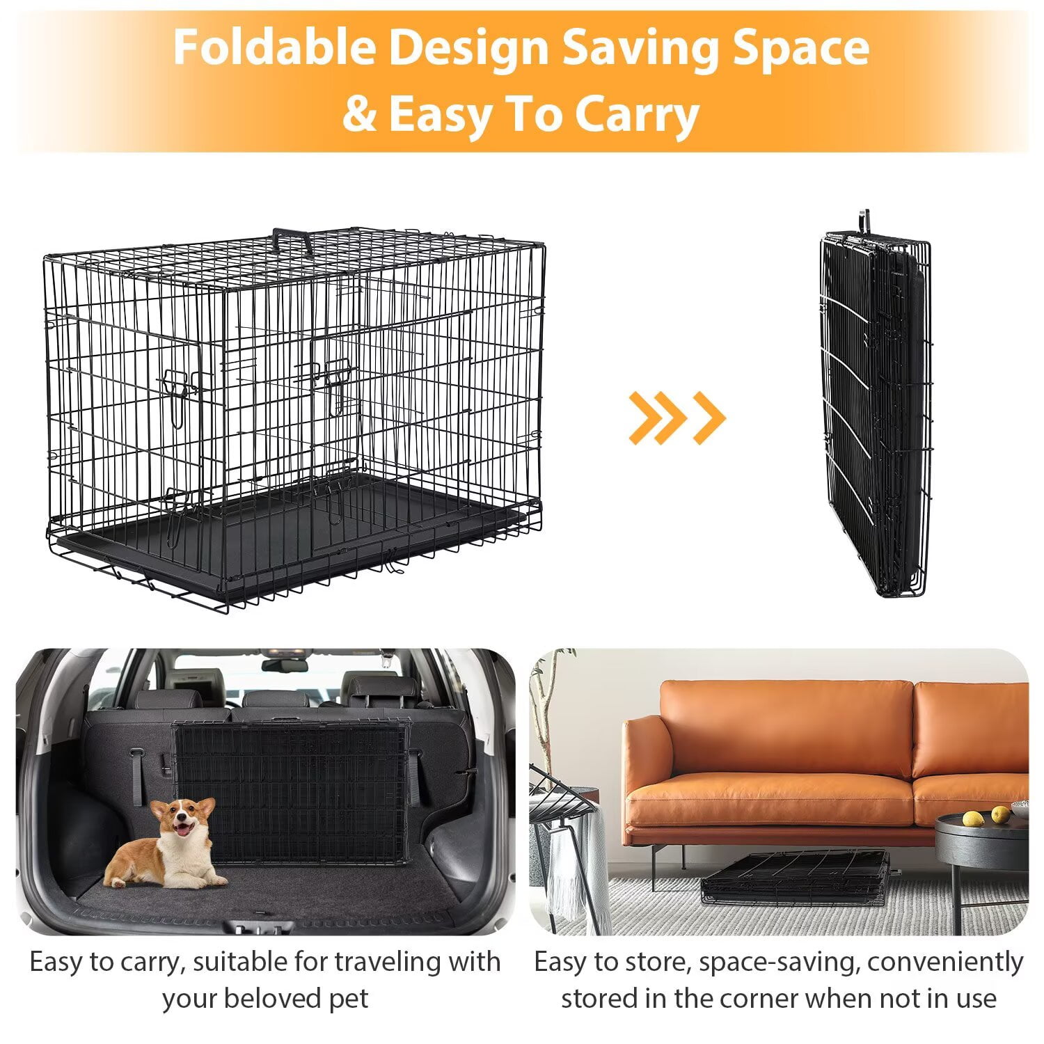 CL.HPAHKL Small Dog Crate, 24 inch Folding Metal Wire Dog Cage with Plastic Leak-Proof Pan Tray, Puppy Crate Pet Kennel for Small Dog Indoor Outdoor Travel, Black