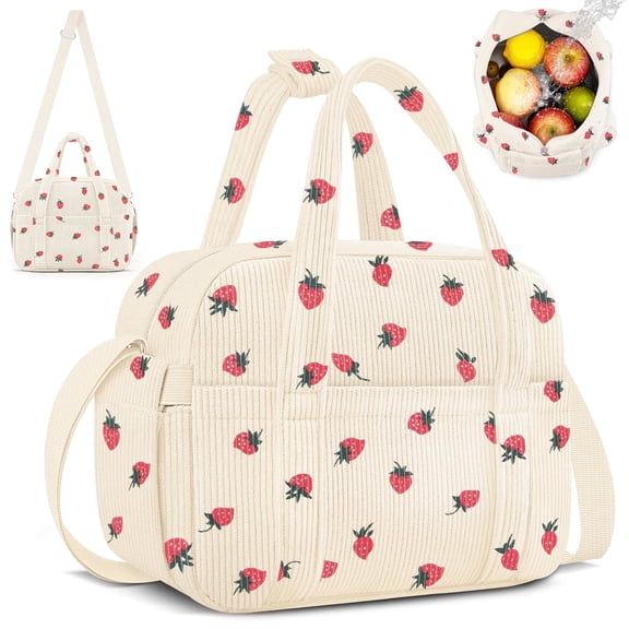 Reusable Lunch Tote Bag for Women, Insulated Leakproof Lunch Box, Soft Strawberry Corduroy Cooler Bag Containers with Shoulder Strap
