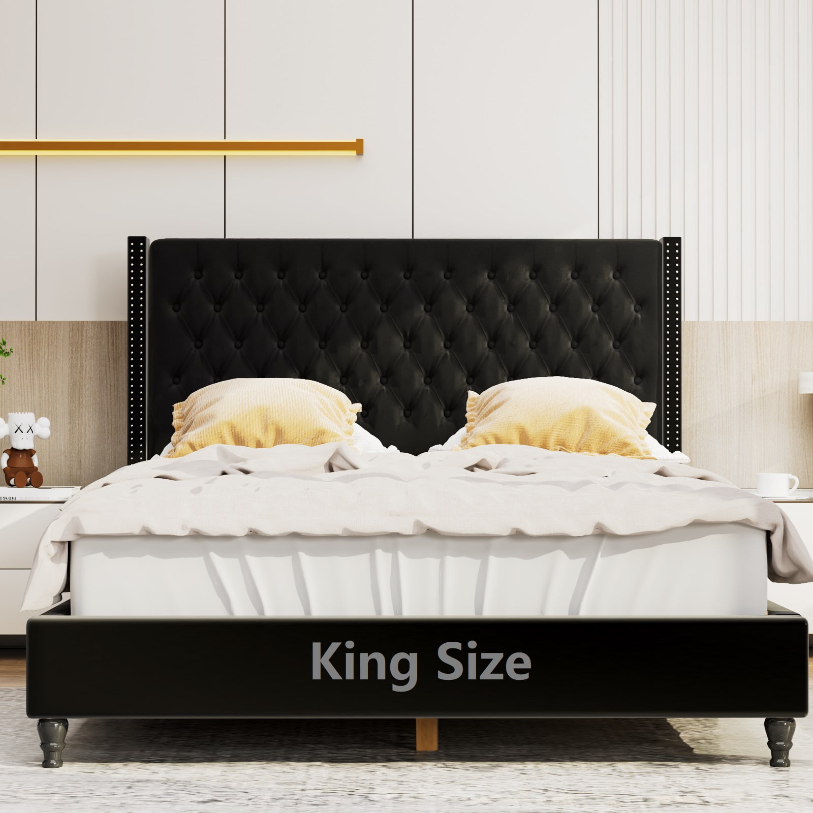 Nathaniel Home King Beds, Upholstered Tufted Bed, Platform Bed Frame with Diamond, Low Profile Platform Beds, Strong Wooden Slats, Adult Size Black