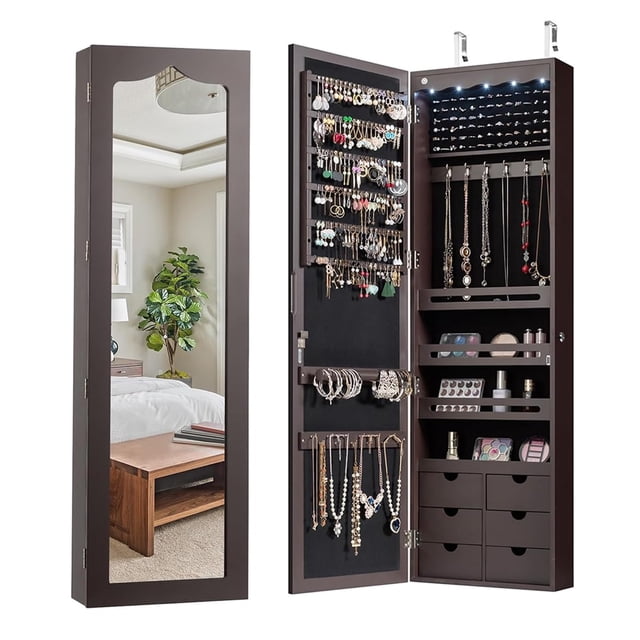 Espejo de Pared con 6 Cajas de Almacenamiento | Joyero Organizador con LED para Dormitorio y Guardarropa, 120x37x8.7 cm(Marrón)
