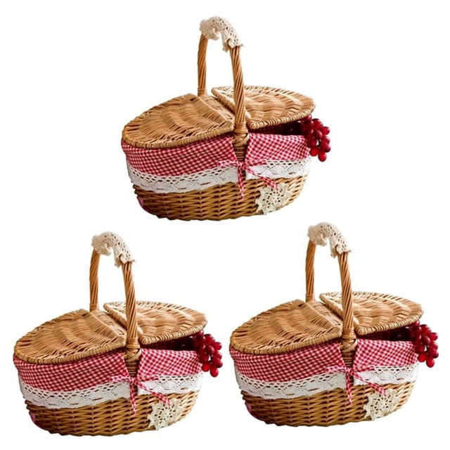 3 cestas de mimbre hechas a mano, cestas de mimbre para acampar, cesto de almacenamiento de compras y asa, cesta de mimbre de madera para pícnic