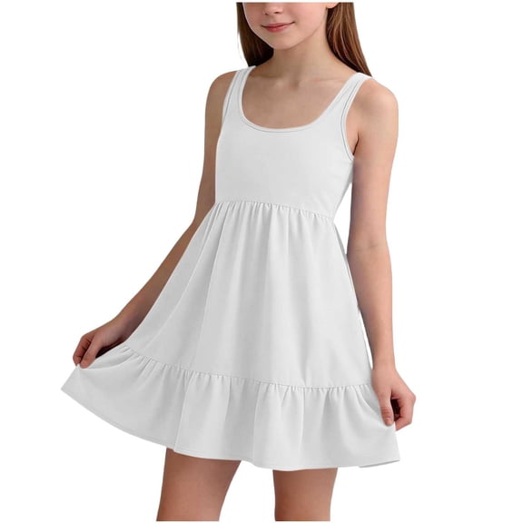 Girls Sleeveless Dresses Summer Casual A-Line Short Dress with Ruffle Hem Comfortable Summer Leisure