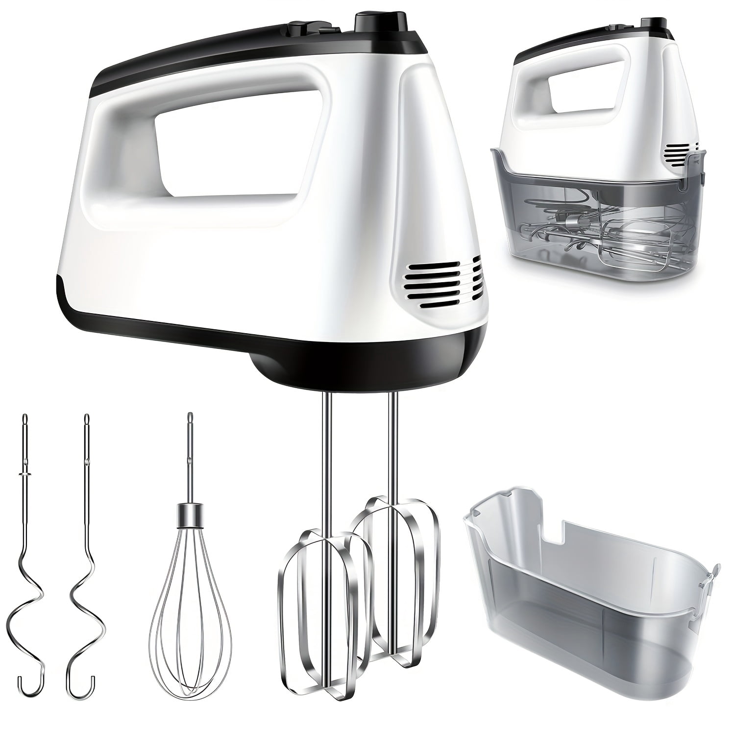 White Hand Mixer Electric, 6 Speed & Turbo Mixer Electric Handheld with Snap-On Storage Case, 5 Stainless Steel Accessories for Whipping, Mixing Cookies, Brownie, Cakes, Dough Batters