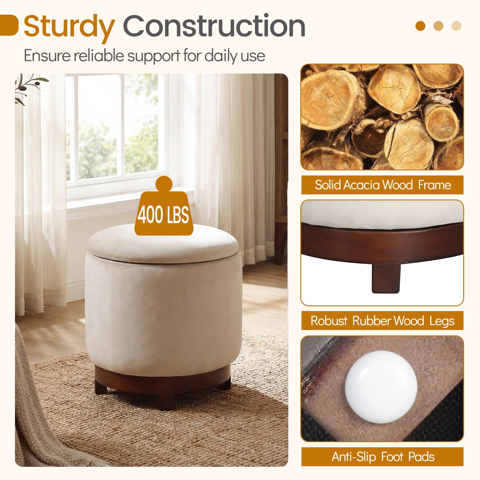 Costway 360° Swivel Velvet Foot Rest with Hidden Storage, 400 Lbs Weight Capacity for Home White and Walnut