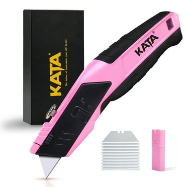 KATA Repeating Retractable Pink Utility Knife, Heavy Duty Box Cutter for Cartons, Cardboard and Boxes, Blade Storage Design, Quickly change blade, Extra 10 Blades Included, Exquisite outer packaging.