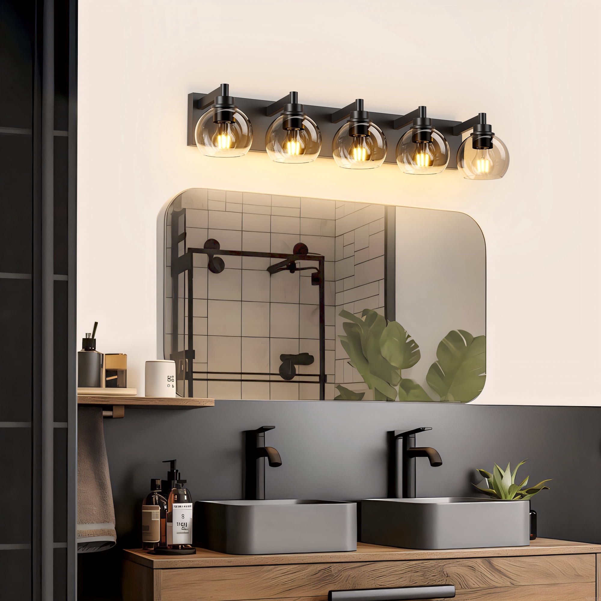 Leumius Farmhouse Bathroom Vanity Light Fixtures, 5-Light Bathroom Light Fixtures Over Mirror, Rustic Sconces Wall Lighting with Glass Shade for Living Room, Bedroom, Hallway