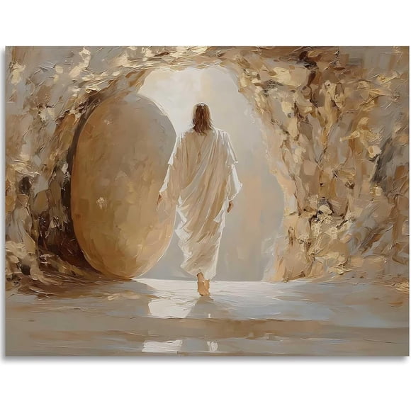 A digital oil painting depicting Jesus Christ leaving the empty tomb at sunset, a religious resurrection scene wall hanging, suitable for home living room, 16x20 inches, unframed.,Digital painting 8