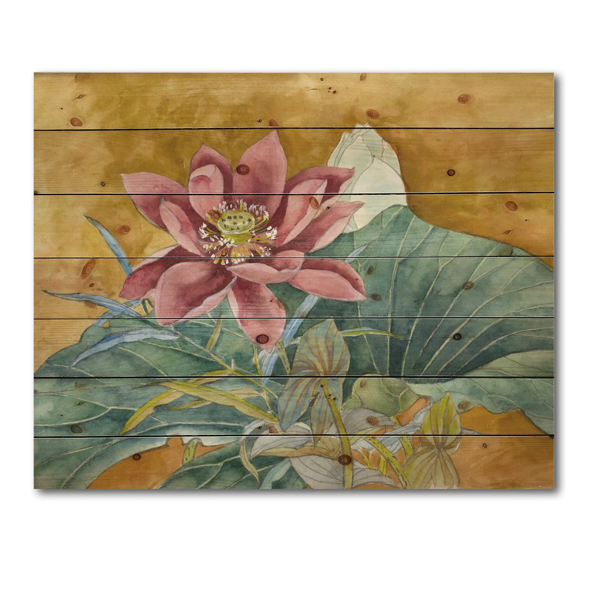 Designart 'Ancient Impression of Pink Lotus' Traditional Print on Natural Pine Wood