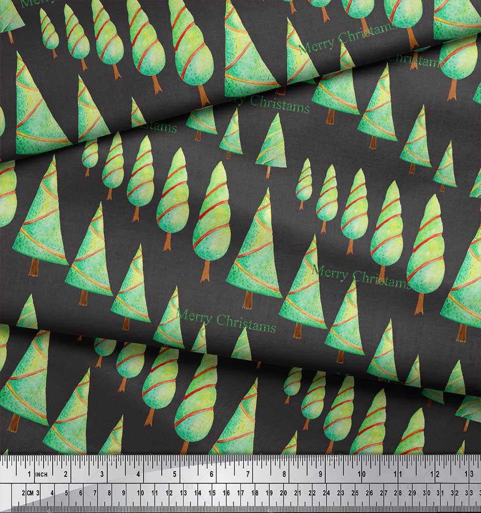 Soimoi Gray Heavy Satin Fabric Text & Christmas Tree Print Sewing Fabric Yard 54 Inch Wide