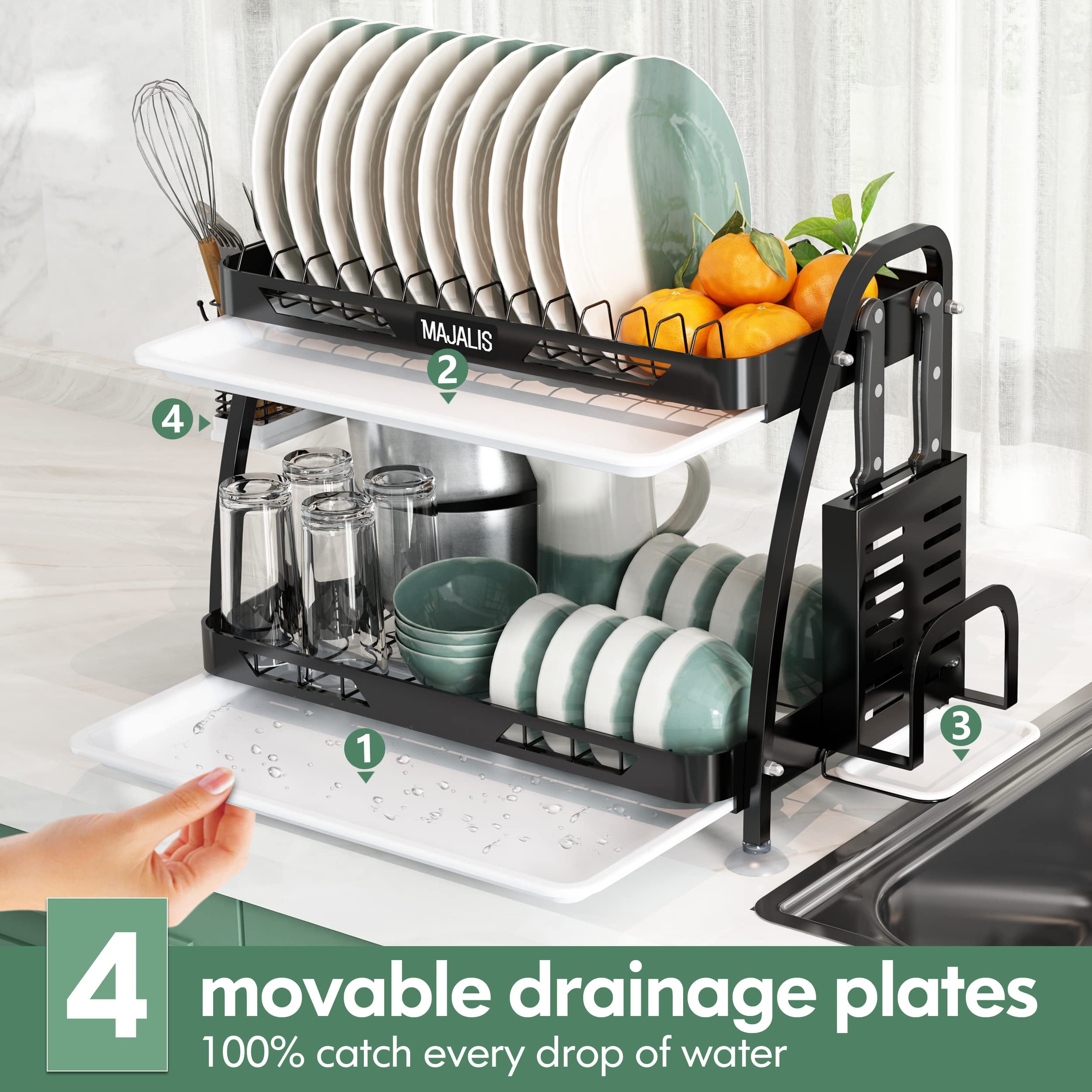 MAJALiS Dish Drying Rack for Kitchen Counter, Stainless Steel Large Dish  Drainers Strainer with Drainboard Set for Sink, 2 Tier with Utensil Holder