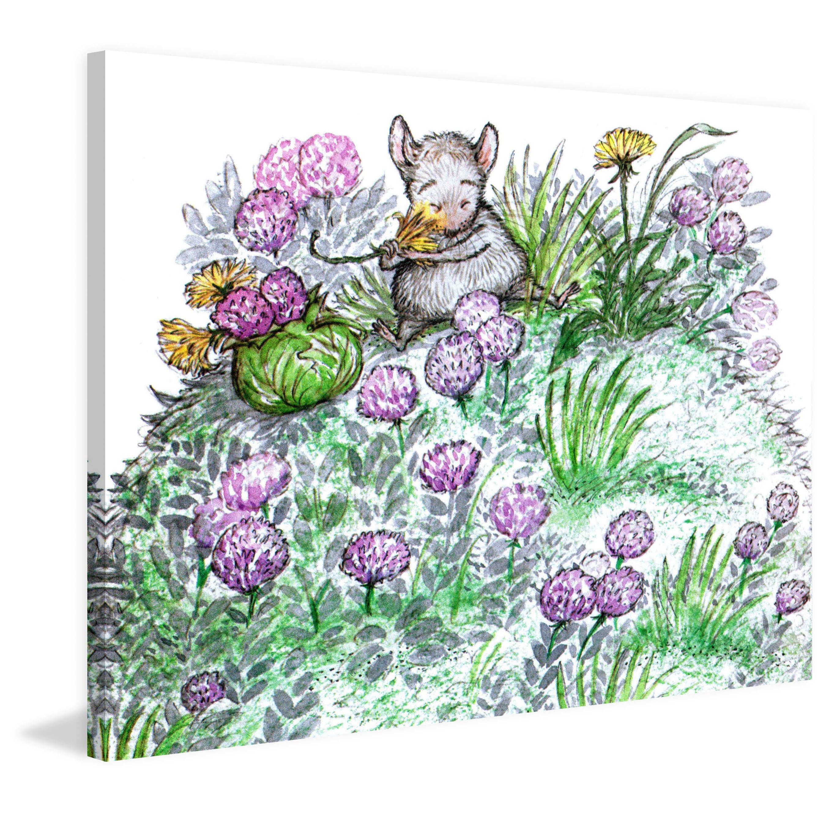 Marmont Hill "Mouse and Purple Flowers" by Curtis Painting Print on Canvas