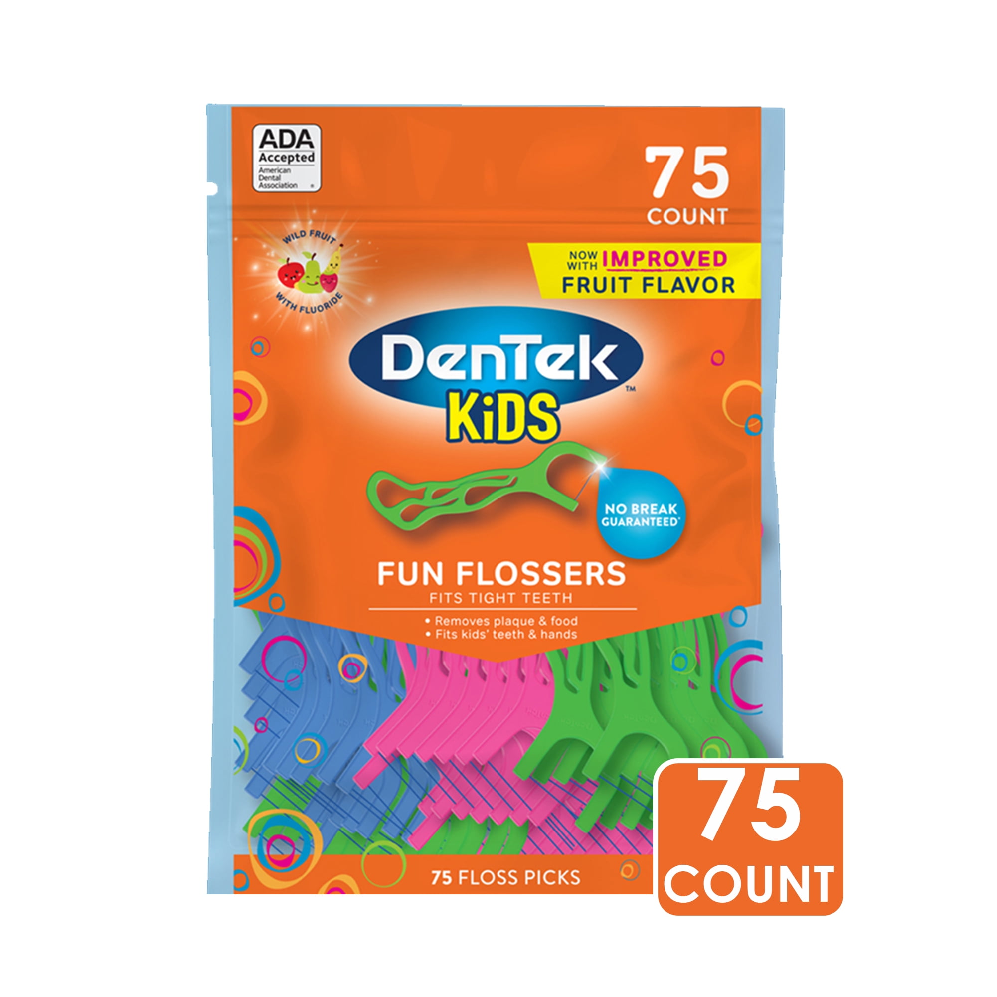 DenTek Kids Fun Flossers, Removes Food & Plaque, 75 Count