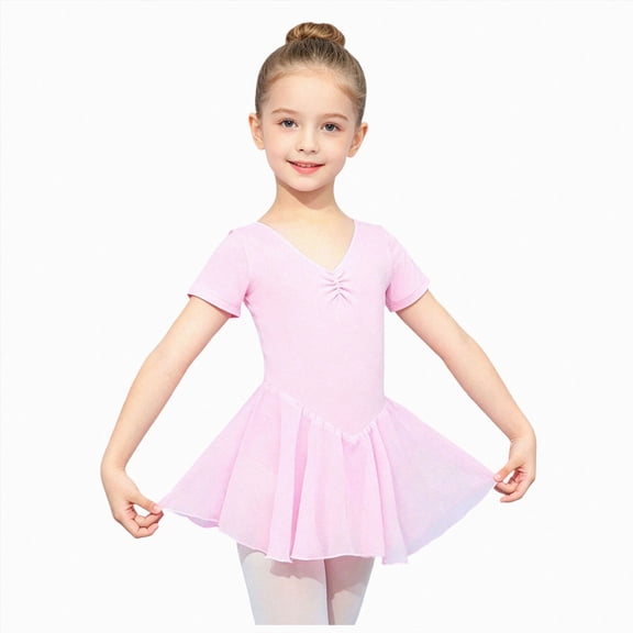 Girls Short Sleeve Dance Leotard with Skirt and Ruched V-Neck,Ballet Bodysuit
