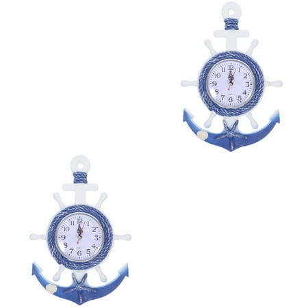 MLINS 2pcs Anchor Clock Wall Decor Mediterranean Style Wall Clock Nautical Ship Wheel Decor Rudder Steering Wheel Hanging Wall Clock Decor Coastal Beach Theme Home Decor