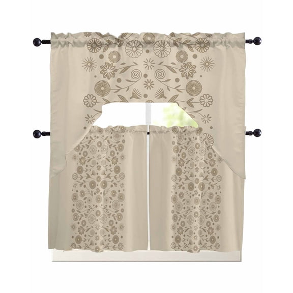 Japanese Swag Kitchen Curtains Sets for Windows 24 Inch Length, Beige Farmhouse Retro Floral Leaf Pattern Short Window Curtain Panels Swags Valances and Tiers 3 Piece Set for Cafe/Dining Room