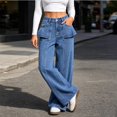 thumbnail image 4 of Women's High Waist Jeans Seam Detail Loose Wide Leg Denim Pants with Ruffled Pockets Vintage Washed Y2K Casual Streetwear Jean Trousers Blue, 4 of 7